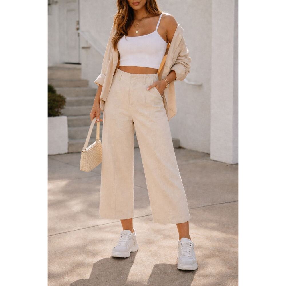 Cider Beige Linen Wide Leg Cropped Pants Women's Small High Rise Lounge Trousers